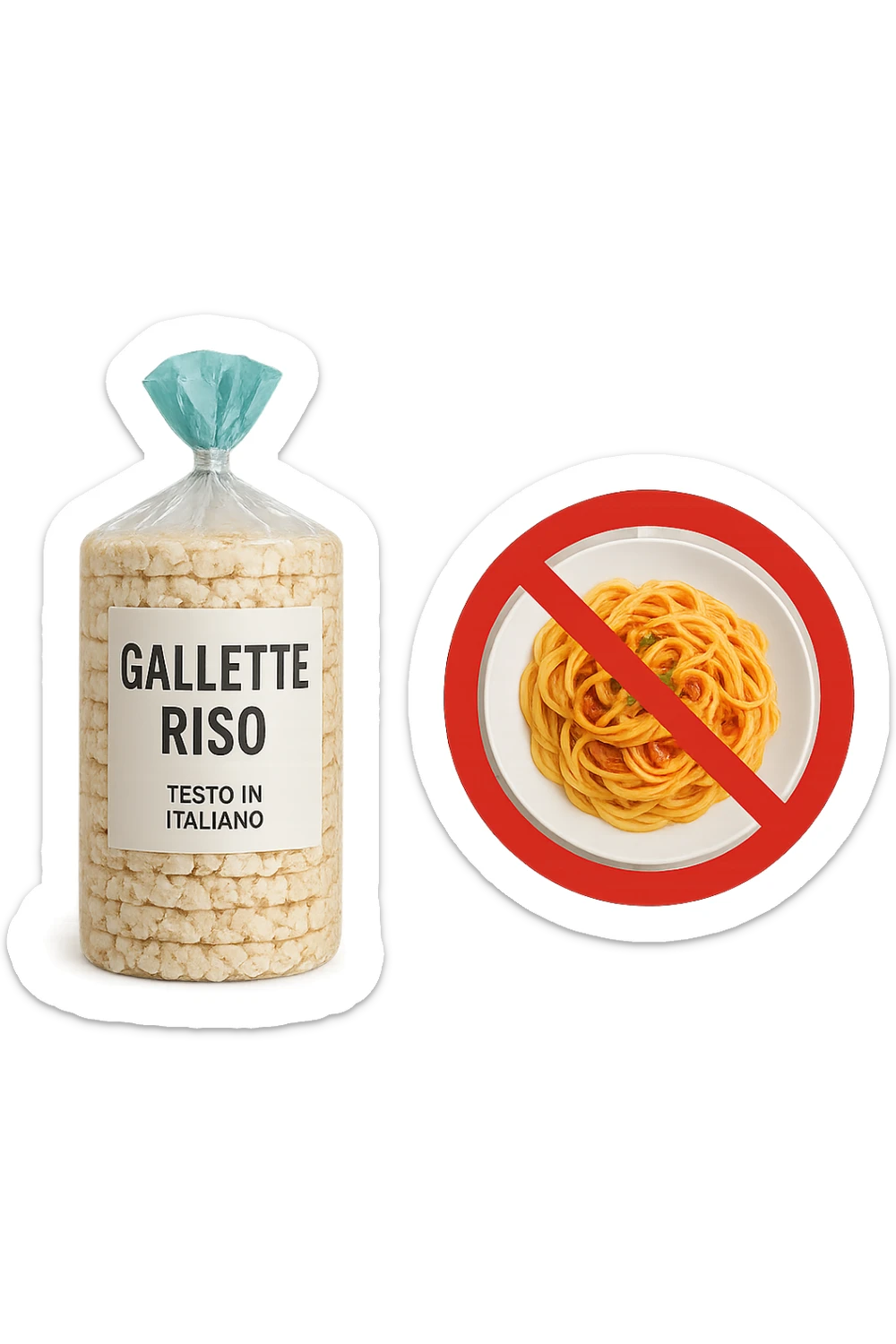 confezione di gallette di riso con accanto un piatto di pasta con divieto sopra, in italiano,  realistici sticker