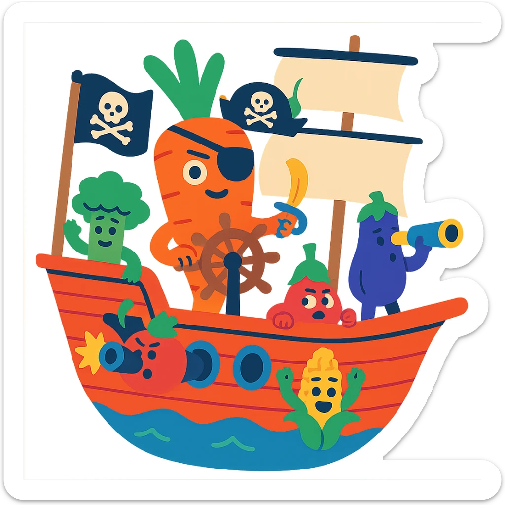 pirate ship crewed by living vegetables, captain is a giant carrot wearing an eyepatch, colorful absurd style, no text sticker