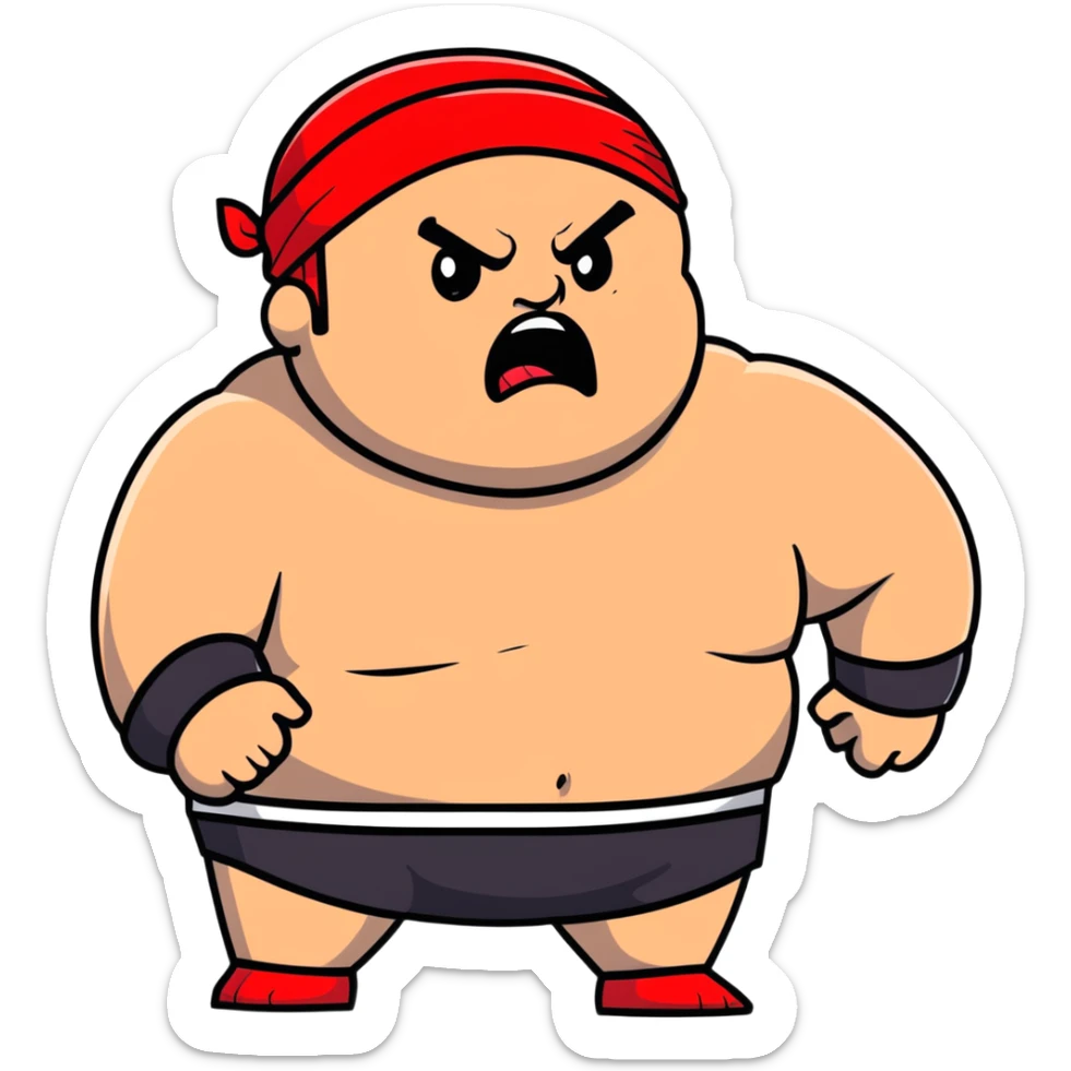 Extreme close-up of face of morbidly obese white skin guy with young face, prominent BLACK DURAG tied clearly on head, black beard but no mustache, clean shaven upper lip, black eyes in a red and black wrestling singlet with angry expression sticker