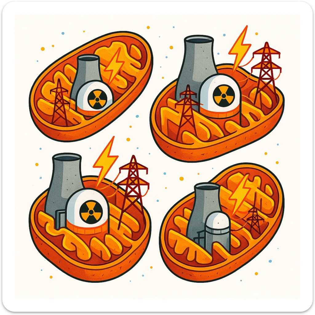 illustration of mitochondria as small nuclear power plants, no organs or jars, only mitochondria with energy production elements, creative and scientific style, bright colors, white background sticker