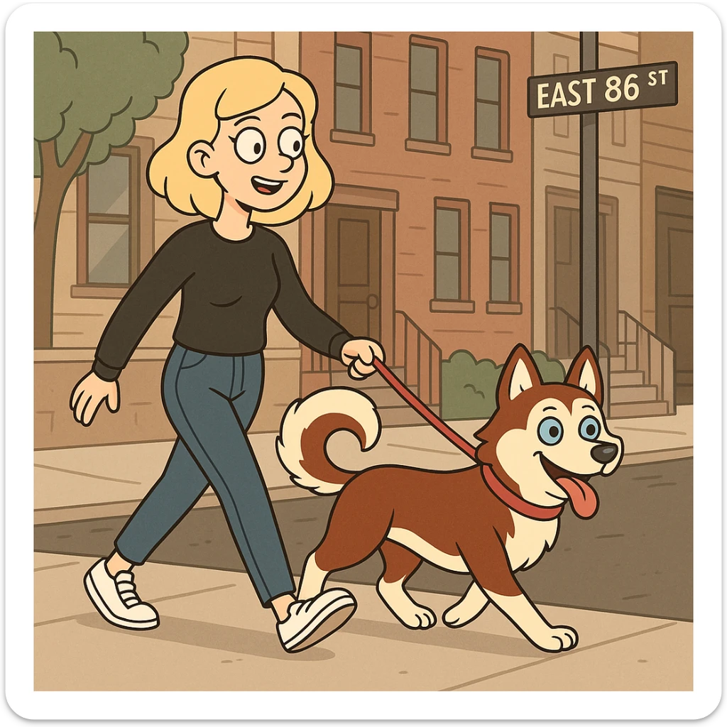 Cute Blonde woman wearing a black sweater and jeans and white sneakers walking a happy red-brown blue-eyed Siberian husky in New York City on an upper east side city sidewalk  sticker