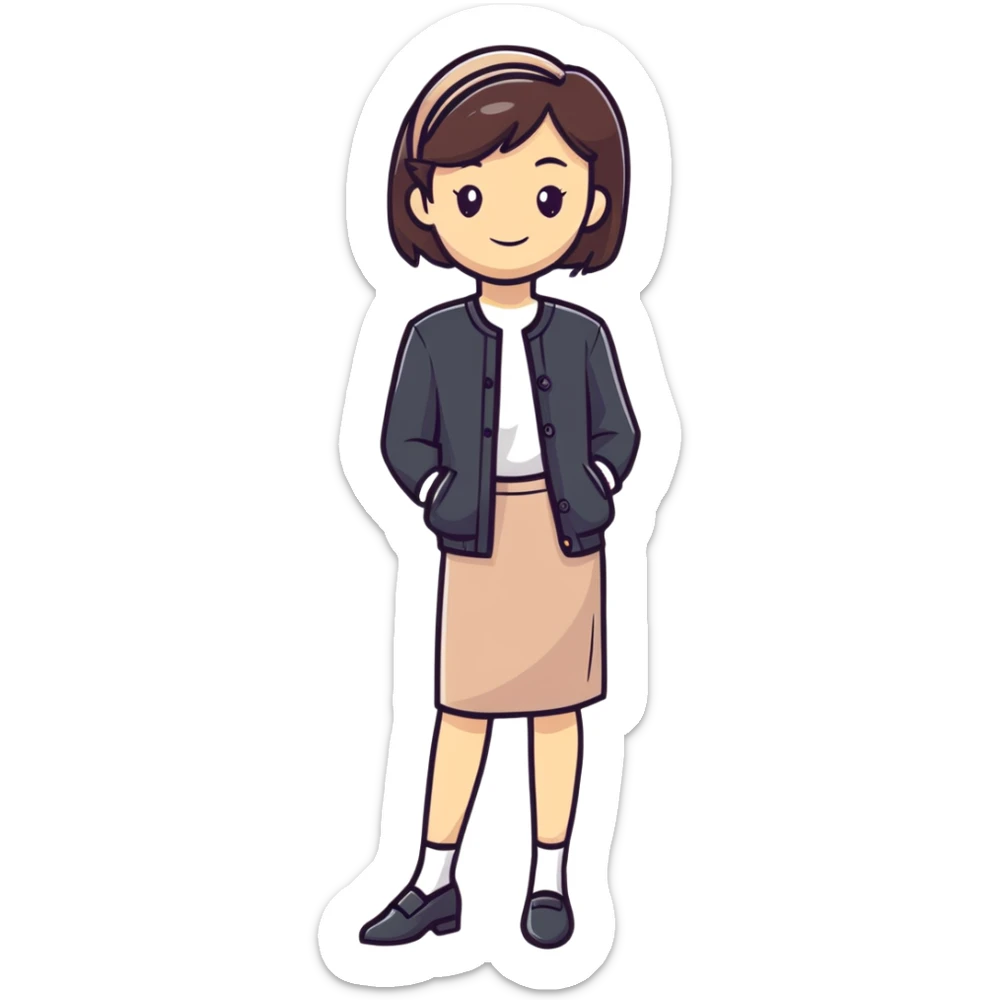 Poised British girl with fashionable outfit, graceful posture and subtle smile sticker