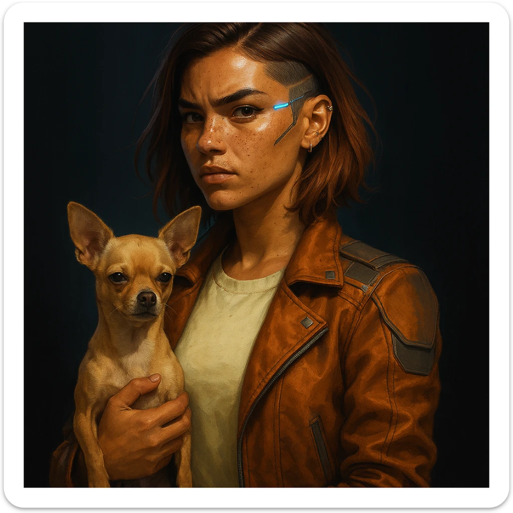 Futuristic style portrait of a rebellious woman with tanned skin and freckles, wearing a #FFF8CA shirt and rust jacket, mid-length brown auburn hair, holding a beige-brown chihuahua, dark background. sticker
