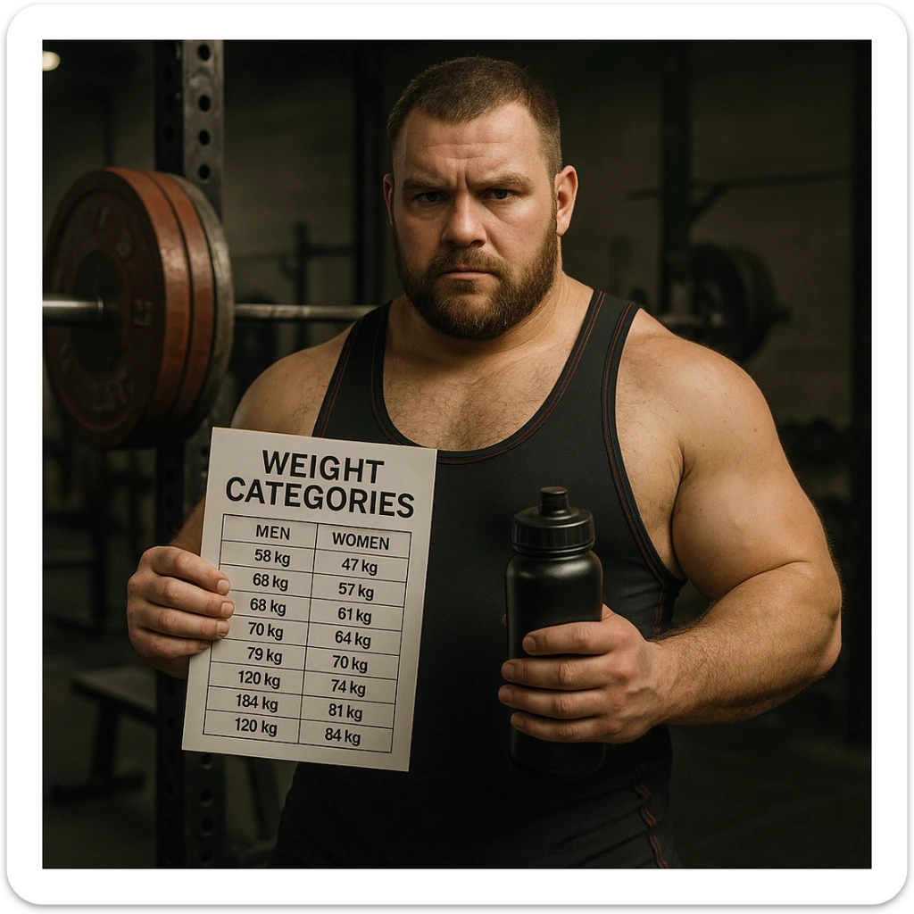 Powerlifter in weight room, holding a weight category chart and a water bottle, determined gaze, preparation atmosphere, realistic details, gym background sticker