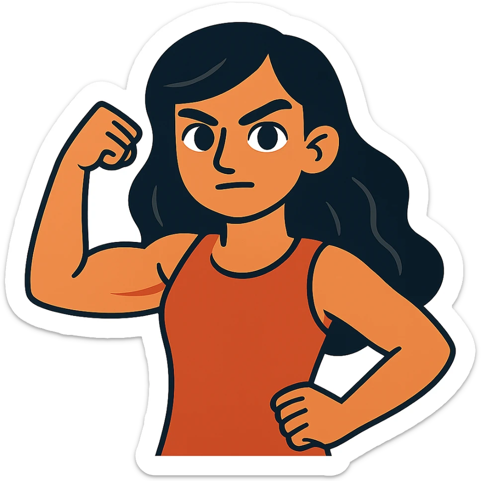 strong girl with brown eyes, flesh-colored skin, long slightly wavy black hair sticker
