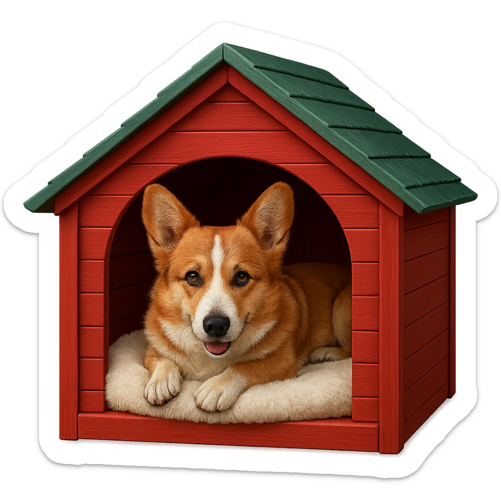 Make the dog house red and make the corgi look even more realistic in an emoji style. Keep the background transparent. sticker