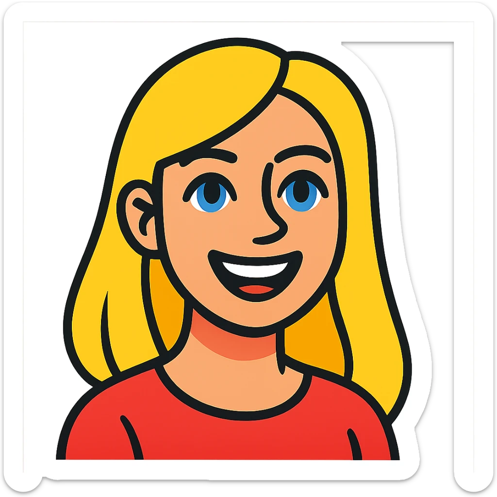 cartoon style portrait of a smiling female with long blonde hair and blue eyes sticker