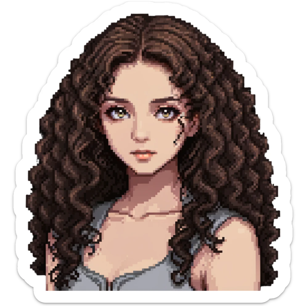 girl with longer curly hair parted on the side, dark eyes and light makeup sticker