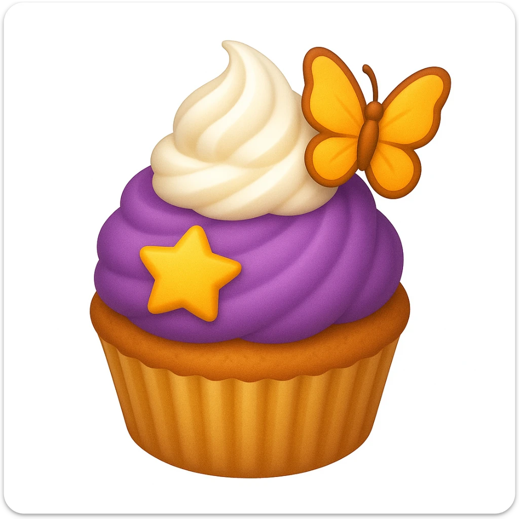Add a swirl of whipped cream and a butterfly decoration to the cupcake with purple frosting and a star-shaped candy in emoji style. sticker