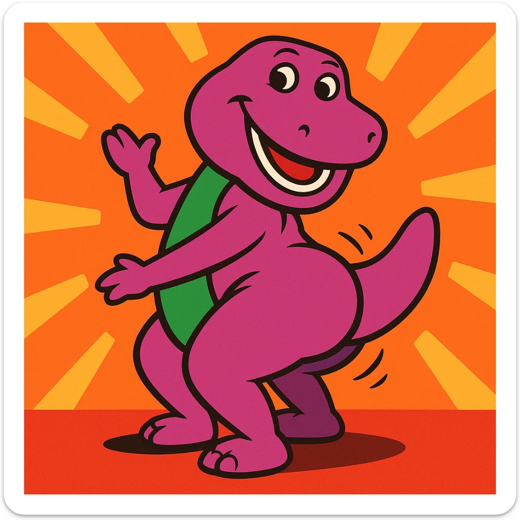 Barney the Dinosaur twerking, playful, vibrant colors, cartoon style sticker