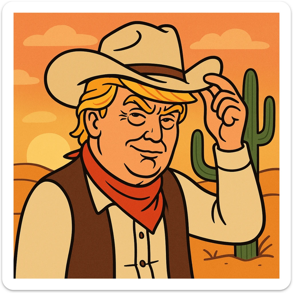Donald Trump as a cowboy, tipping his hat, with a cactus and sunset in the background, cartoon style, bold lines sticker