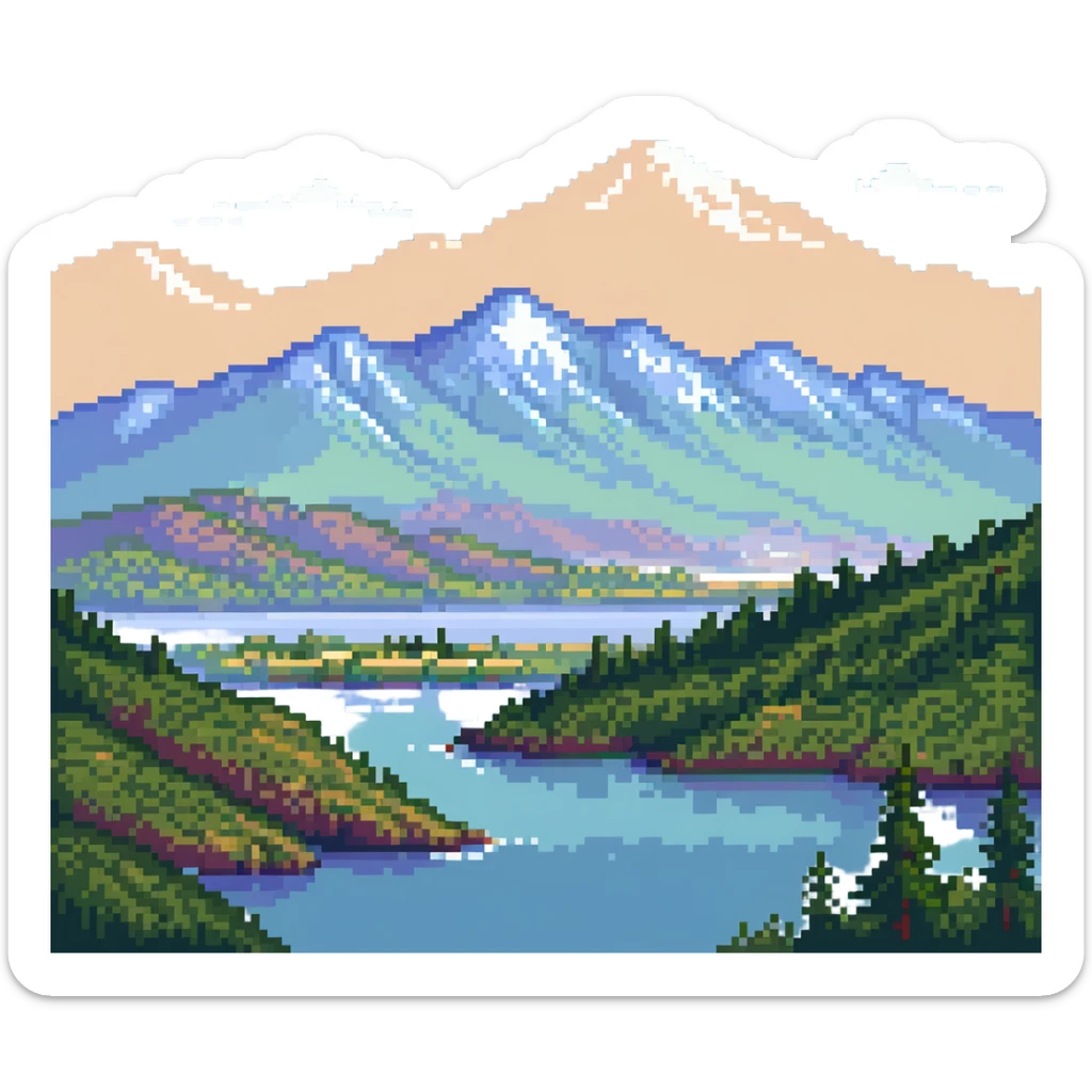 landscape of Nalchik with mountains in the background in pixel art style sticker