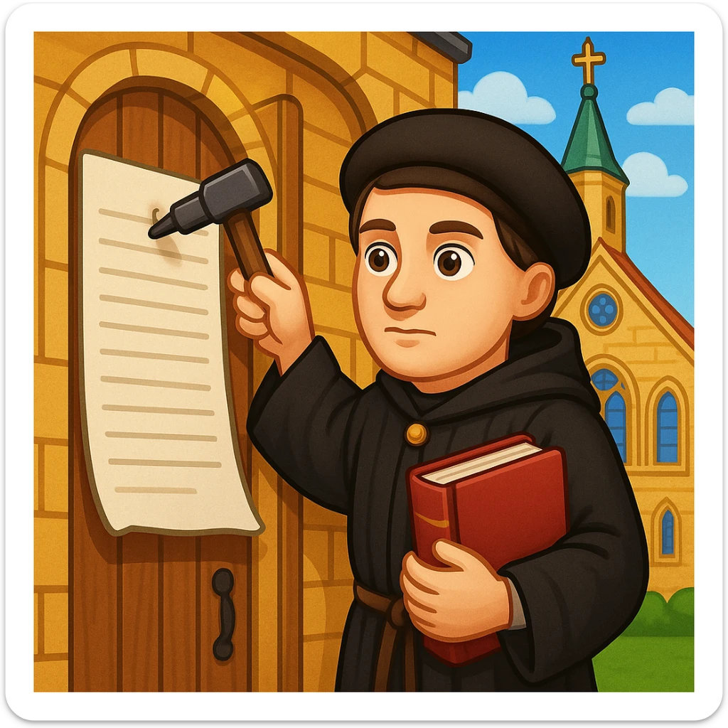 Add a church background behind Martin Luther nailing the 95 Theses, in the style of apple emojis, preserving the apple emoji style look and feel. sticker