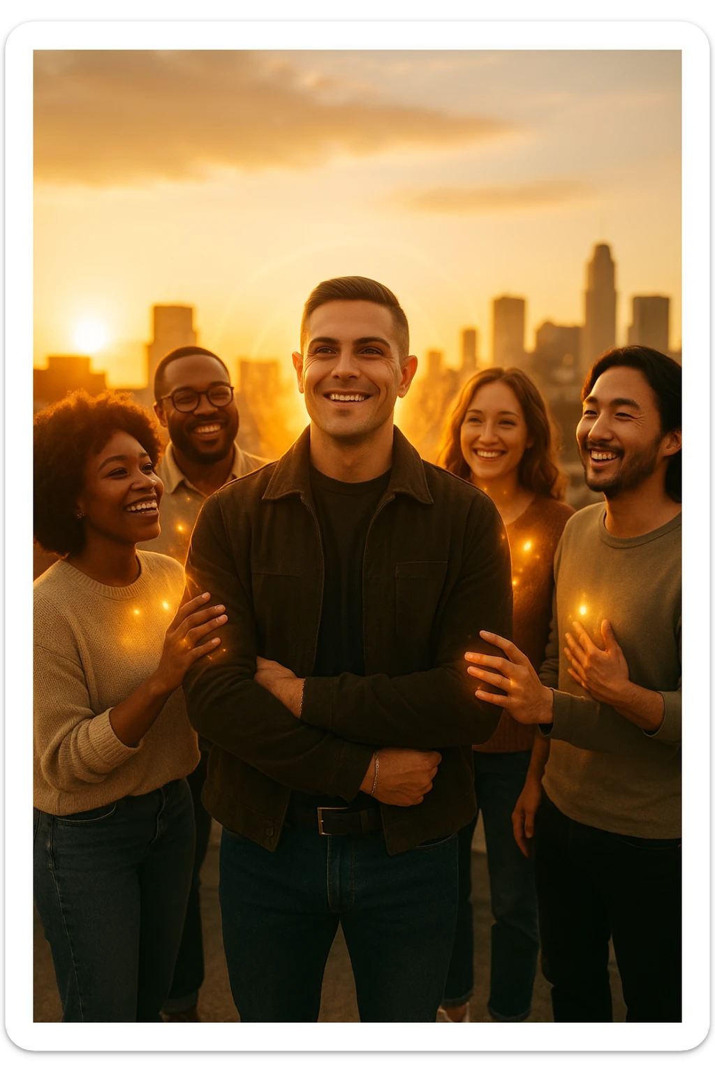 A cinematic scene of a man in his early 30s standing at the center of a sunlit urban rooftop during golden hour, surrounded by a diverse group of supportive, smiling people — friends, mentors, colleagues. They’re standing slightly behind or beside him, hands on his shoulder or gesturing toward him with encouragement. The man looks forward with a confident, inspired expression, body slightly relaxed, as if something inside di lui sta cambiando. The light behind the group forms a halo effect, emphasizing warmth and unity. Subtle visual symbolism: faint glow around their hands and hearts, suggesting their energy is uplifting him. Realistic clothing, modern style — jeans, T-shirts, casual jackets. The mood is inspiring, grounded, and full of potential. Shot in 35mm film style, with rich warm tones, shallow depth of field, and vibrant human detail. sticker