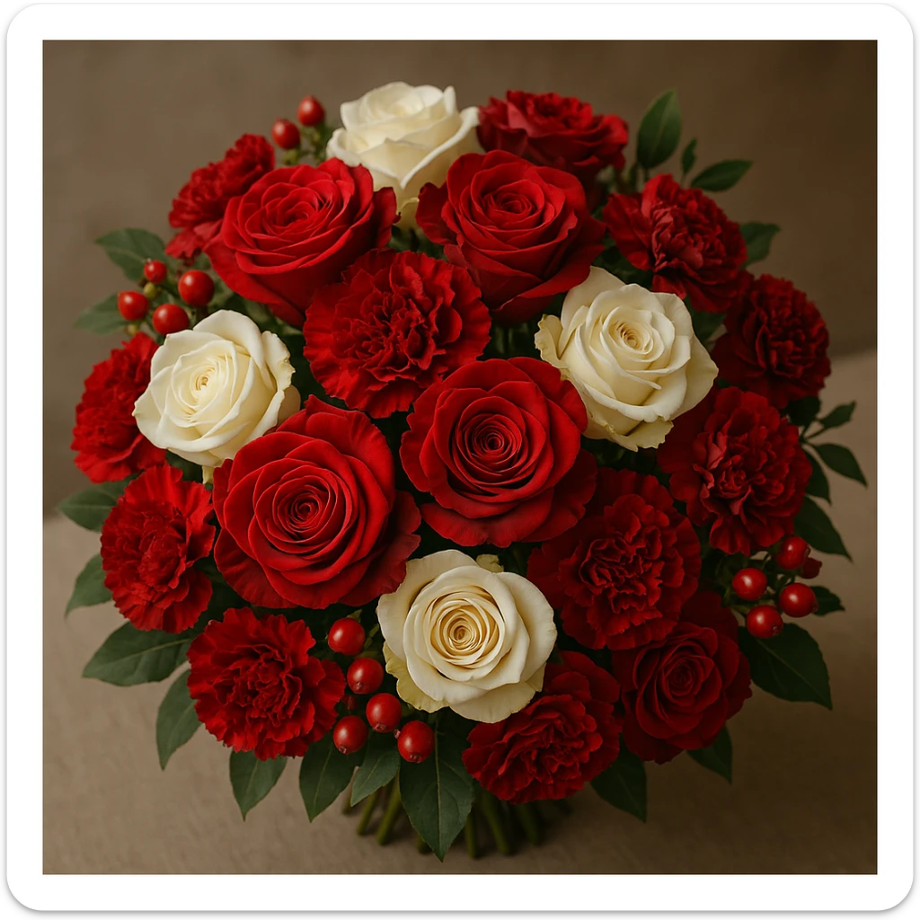 a red bouquet with red and white roses, elegant and lush, detailed floral arrangement sticker