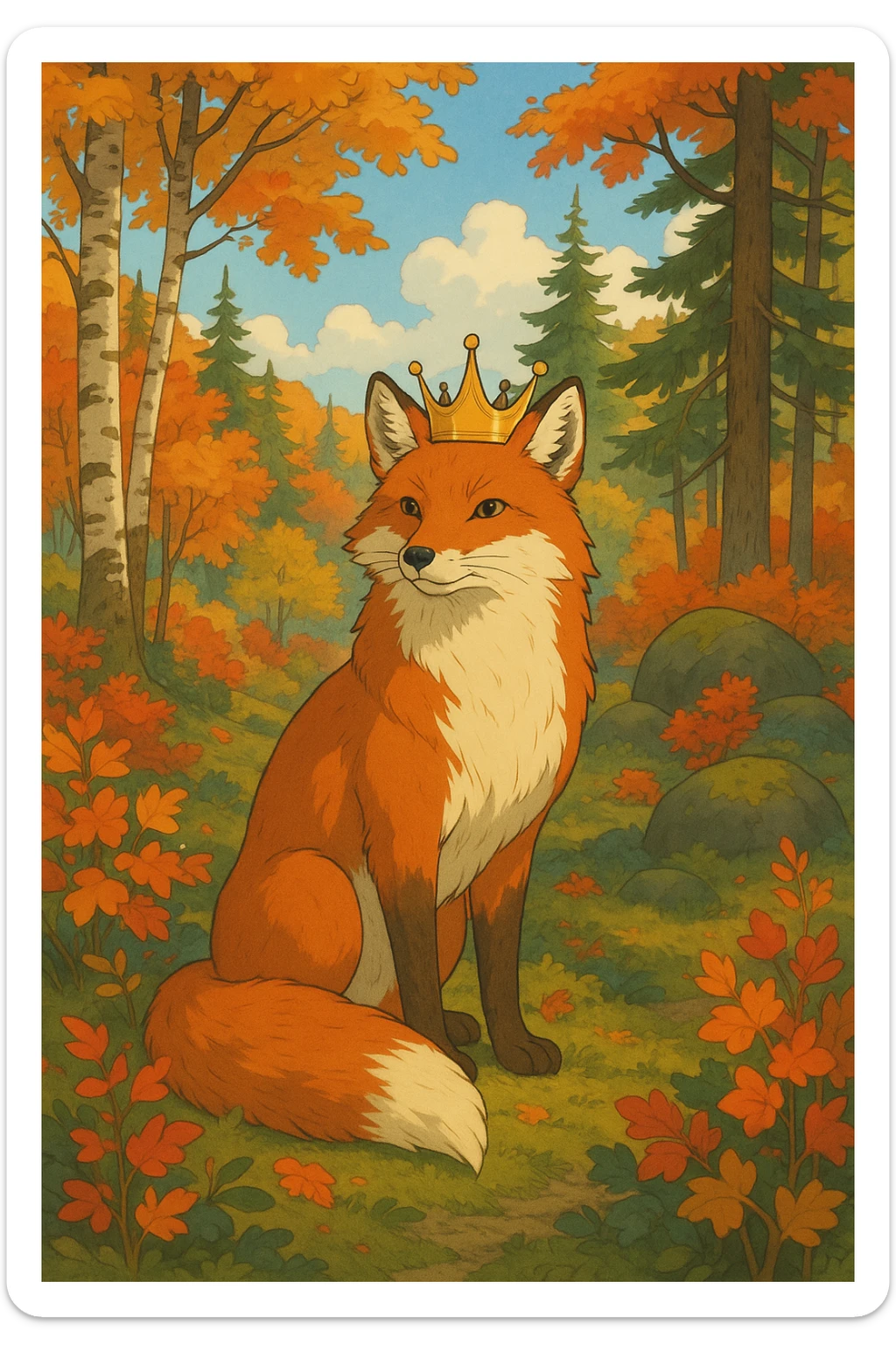 majestic red fox in a Scandinavian woodland, crown on head, vibrant foliage, serene setting, Ghibli animation style sticker