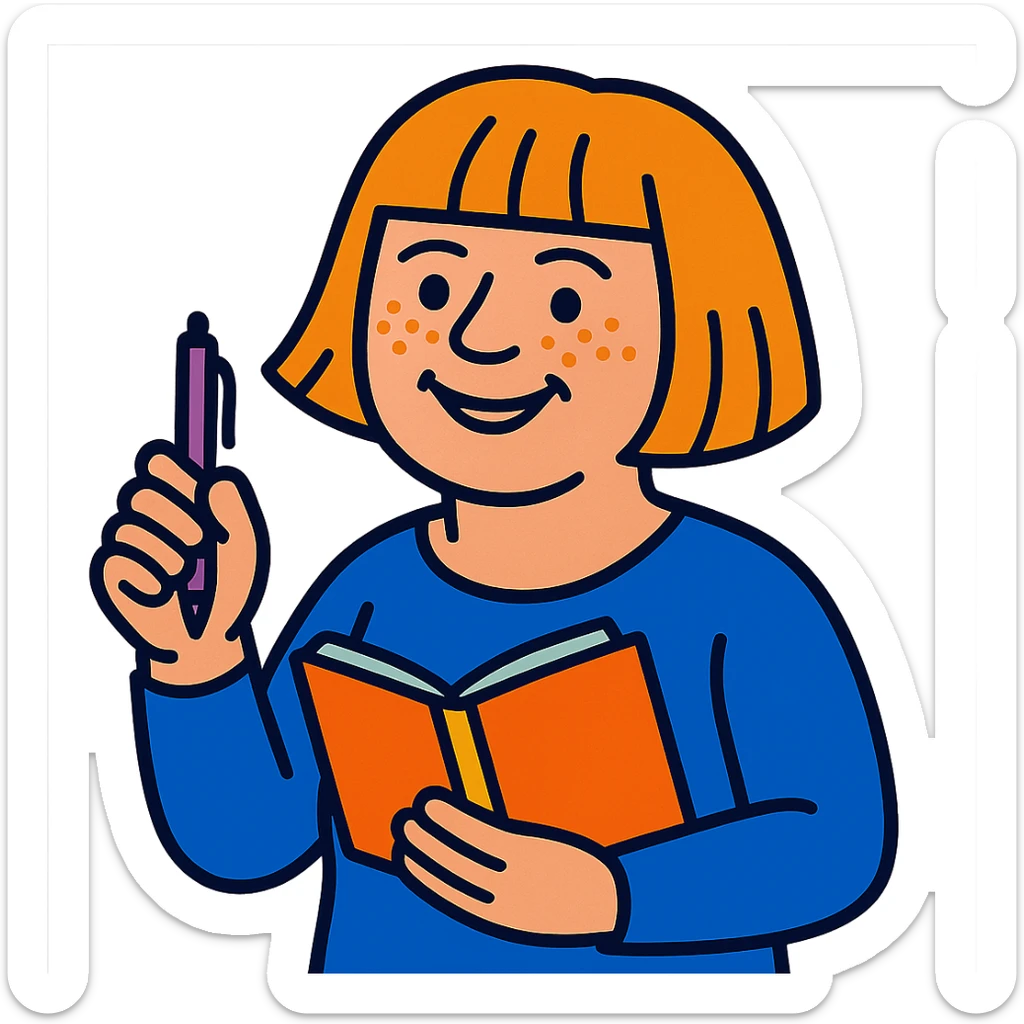 light-skinned woman in her 40s with strawberry blonde page haircut, round face, freckles, smiling, holding a pen and notebook sticker