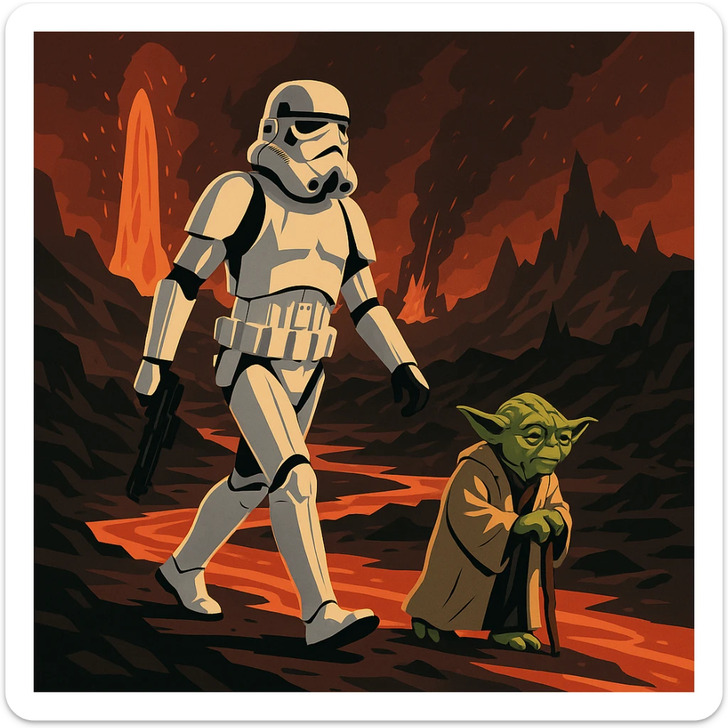 vector art of a Starwars stormtroopers is walking on lava planet with yoda, battleground background 
 sticker