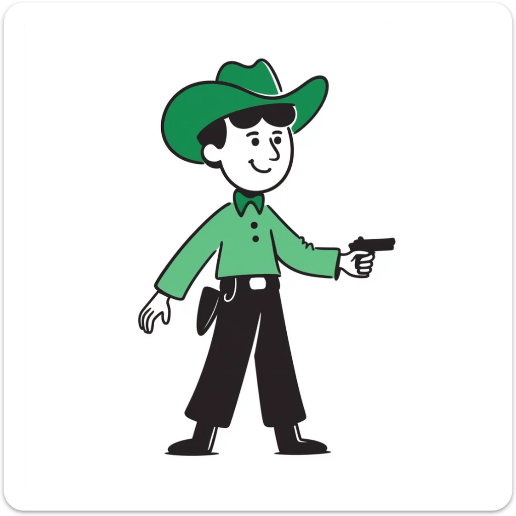 Hand-drawn cowboy character with green shirt, green pants, and matching green cowboy hat, western style sticker