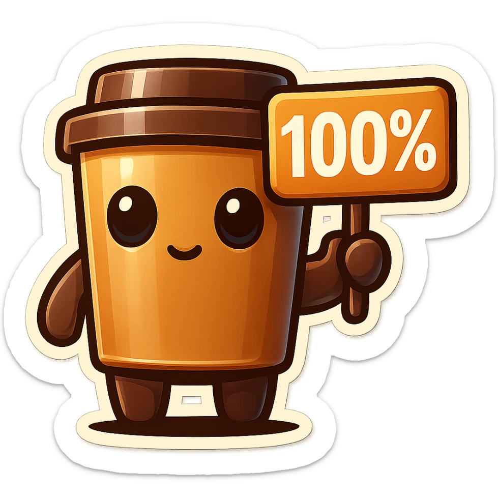 Tall coffee cup, no mouth, holding sign "100%" sticker
