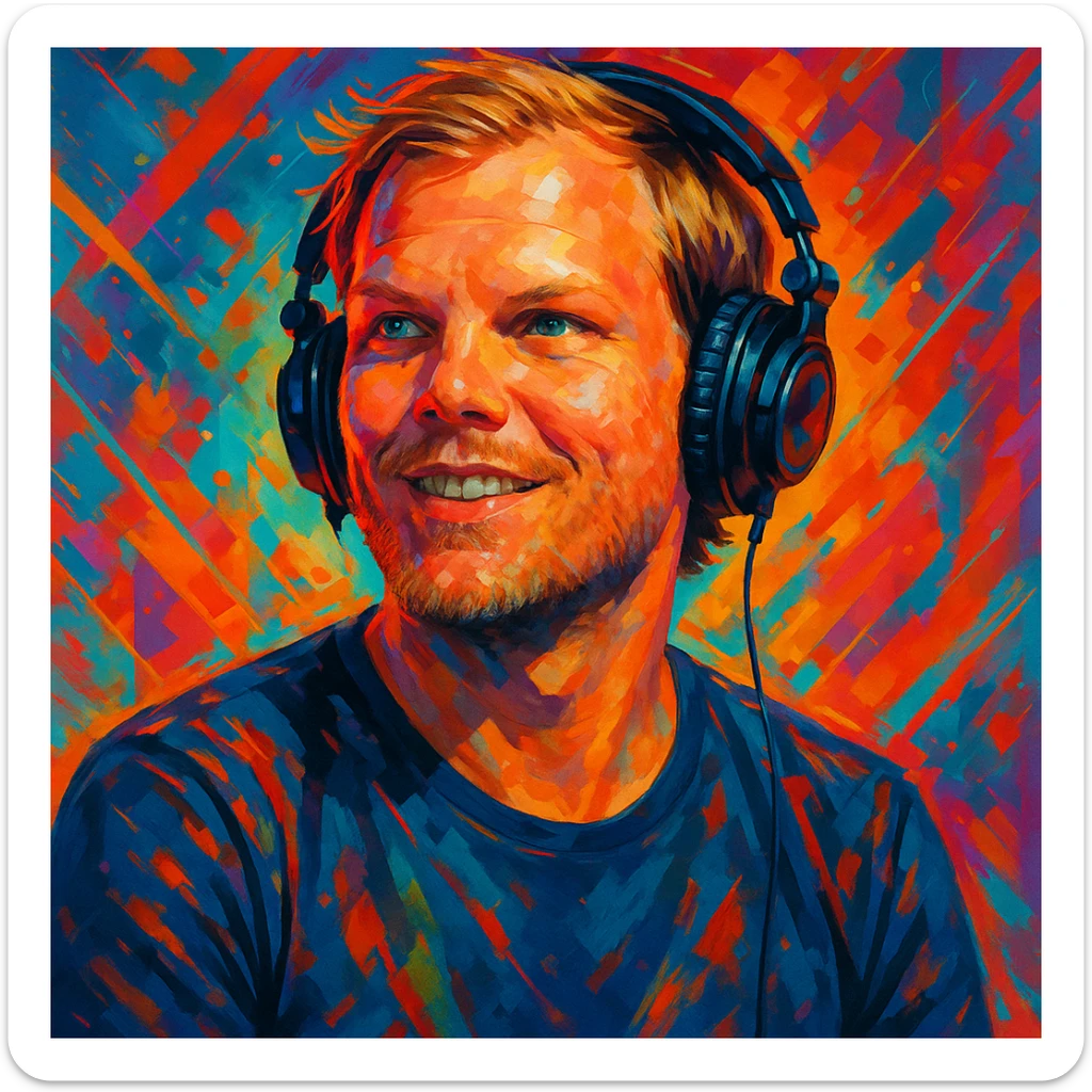 stylized portrait of Avicii age 36 wearing headphones, energetic and modern vibe sticker