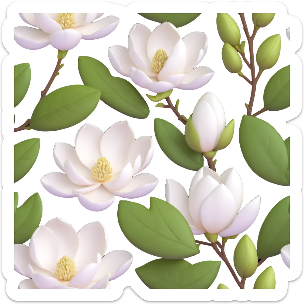3D icon of a magnolia flower, soft white petals, green leaves, realistic and elegant sticker