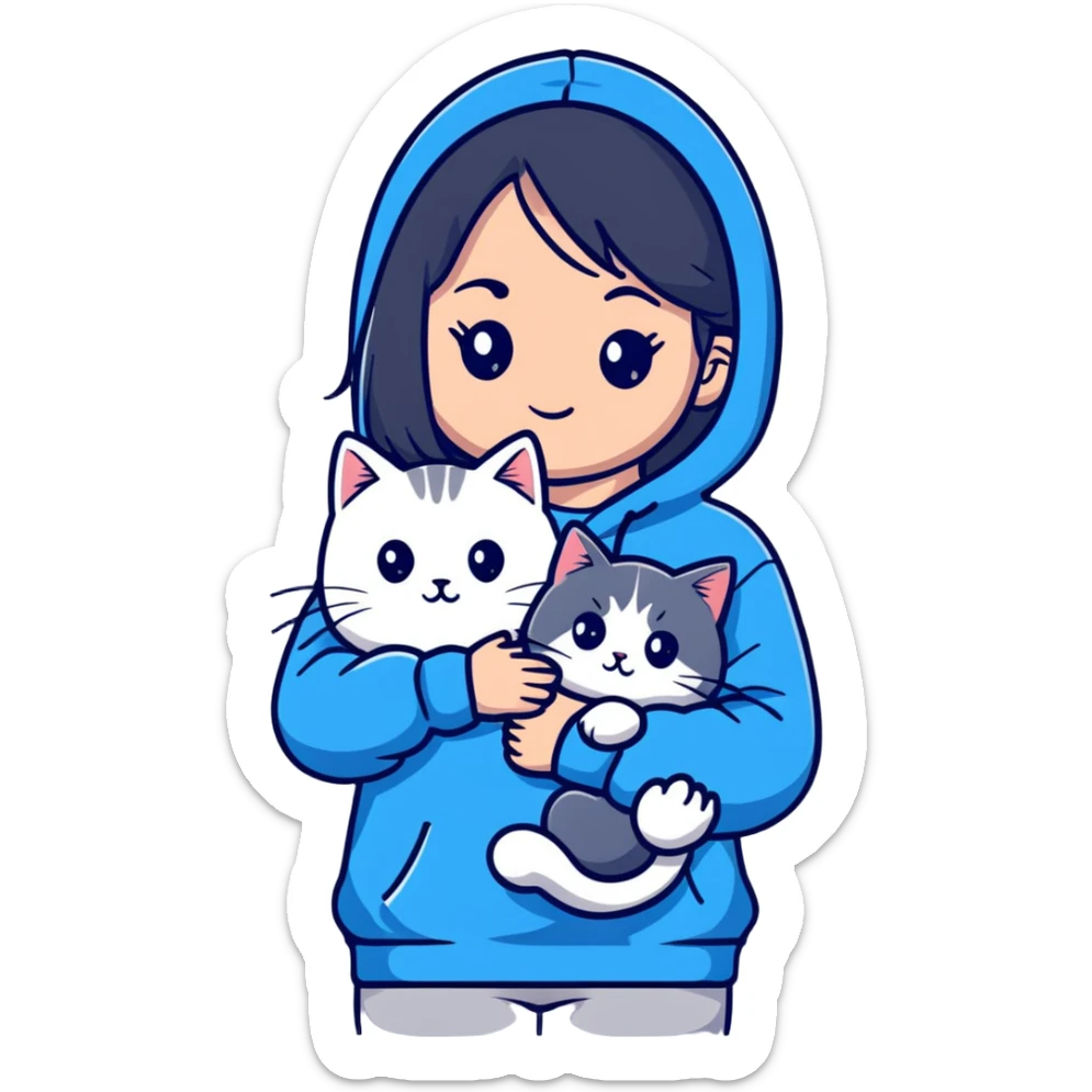 Girl with black hair in gray hoodie with a British shorthair blue and white cat and a long-haired blue and white cat sticker