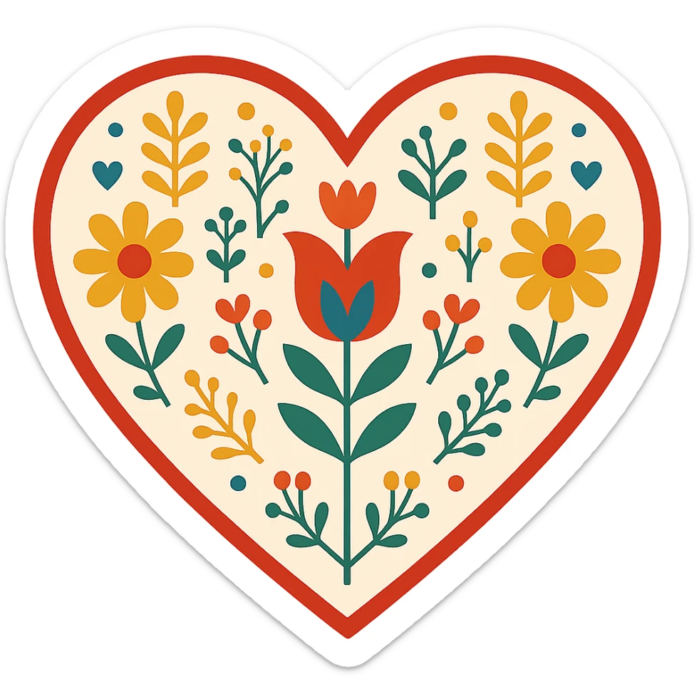 red heart with Scandinavian folk art, minimalist nature motif, bright folk colors, clean lines, simple floral elements, border around heart sticker