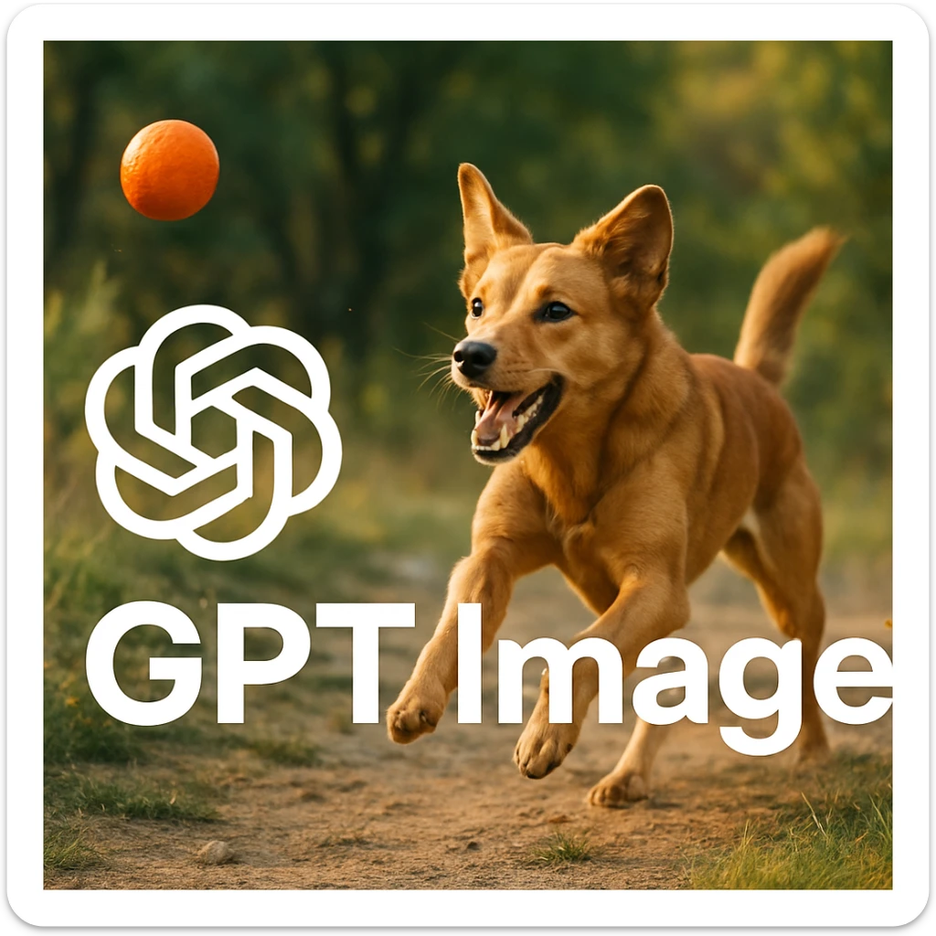  logo of chat gpt with text "GPT Image" on the background of a dog chasing ball, realistic image sticker