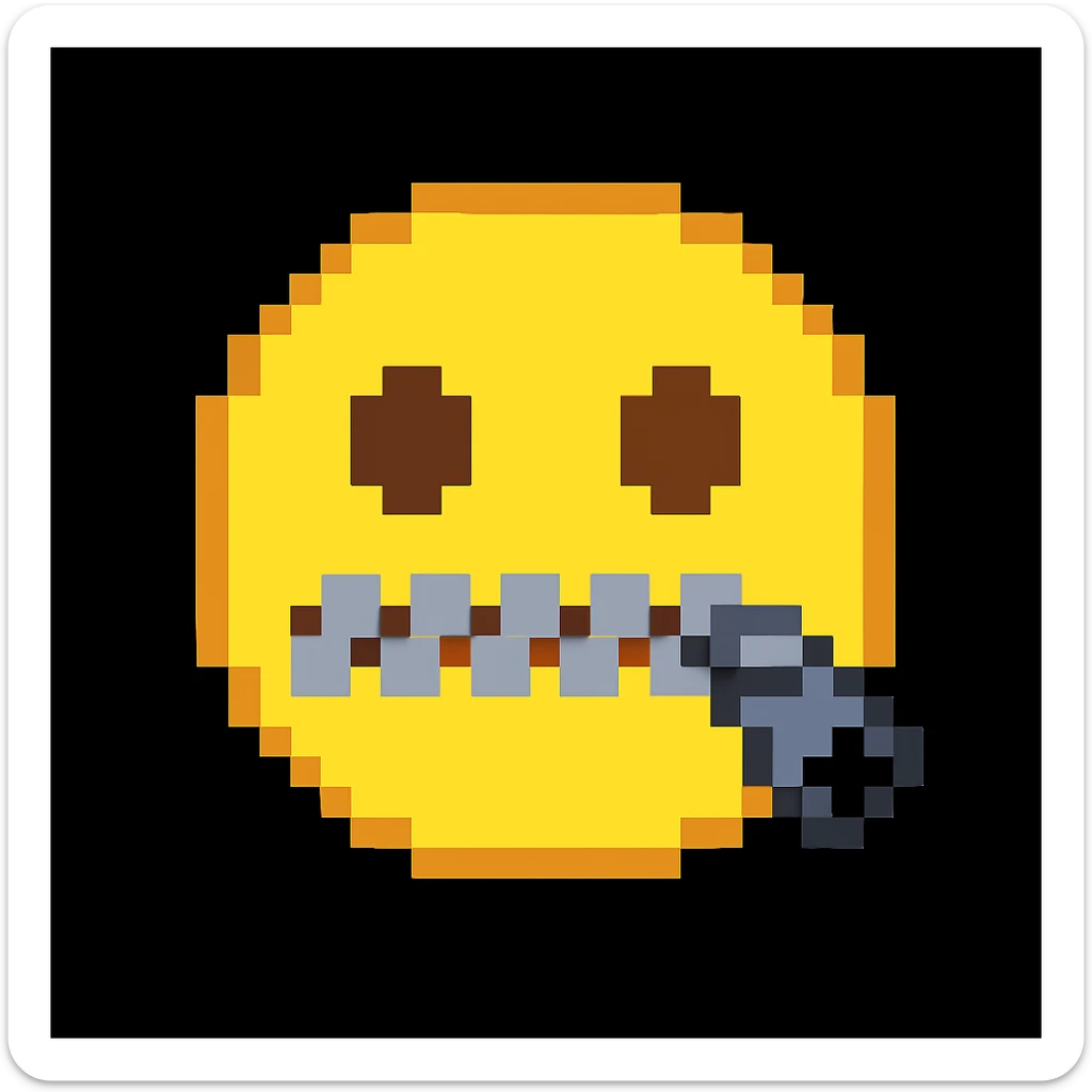 Crea una versione in stile pixel art, ispirata a questa immagine: emoji gialla con occhi semplici e bocca chiusa da una cerniera. sticker