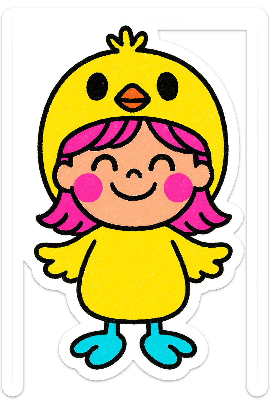 smiling girl dressed as a chick, wearing a yellow chick hat, colorful and friendly illustration style sticker
