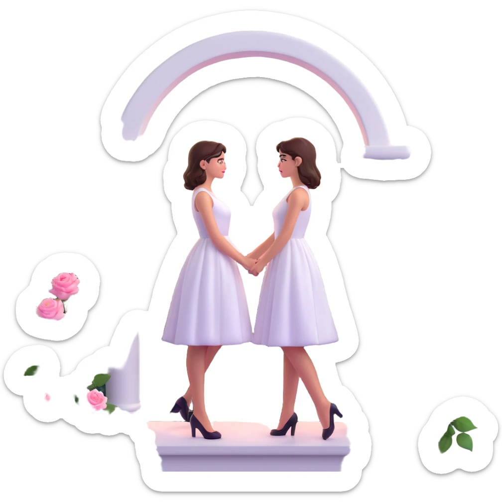 Girl in a white dress standing on a balcony, looking at a pastel sunset sky, with an arch of pink roses, shiny and glossy, on a white background, in 3D iOS emoji style. sticker