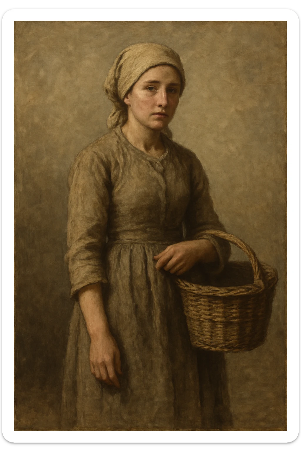 a real peasant woman, 19th century, plain dress, headscarf, carrying a basket, muted colors, realistic style sticker