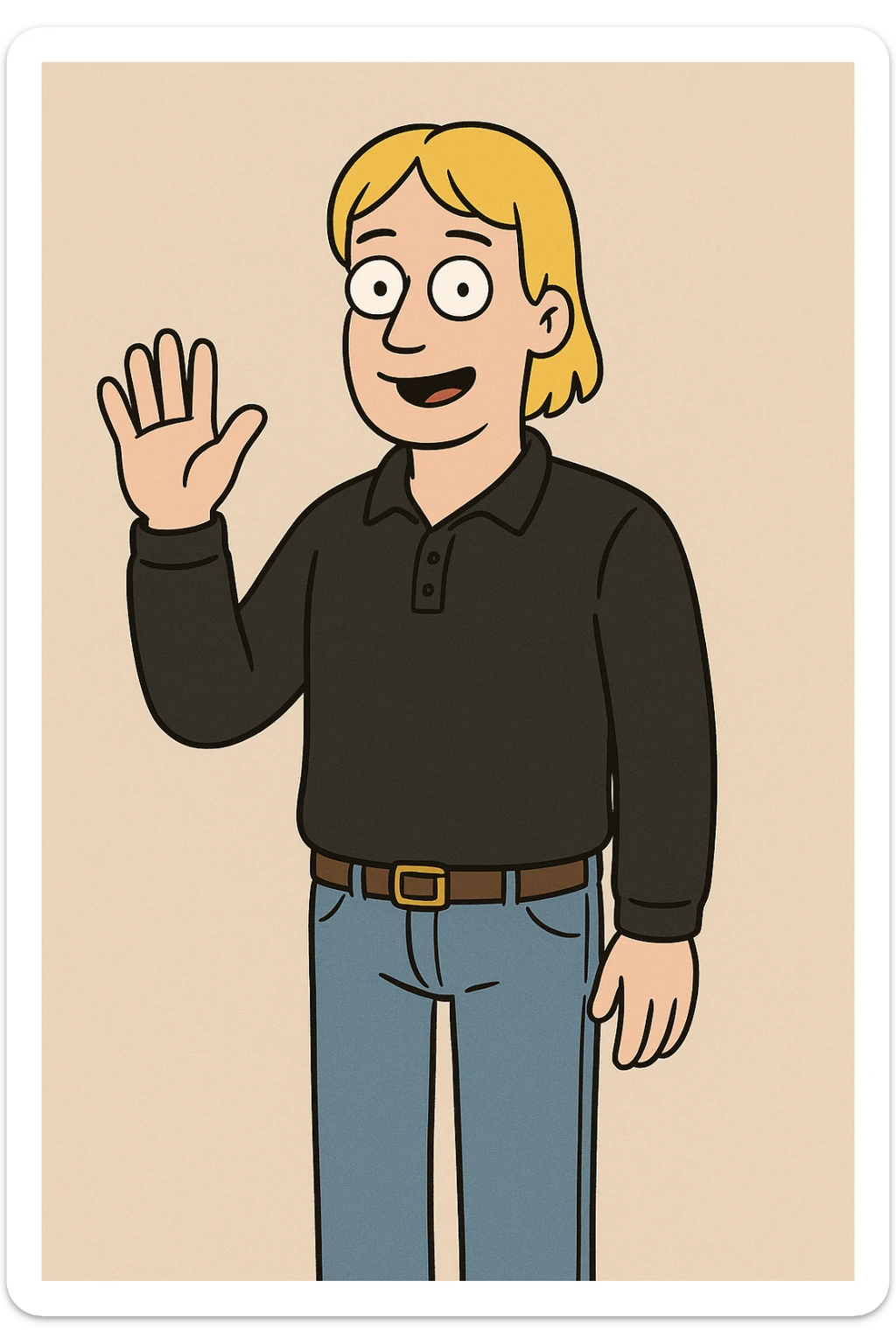 A man straight hair yellow hair Long Sleeve Pique Polo Shirt black lights blue jeans a hand say hello sticker