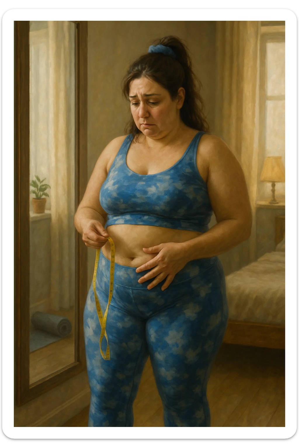 A realistic, cinematic illustration of a woman in her early 30s with a slightly rounded body shape, standing in front of a mirror in a softly lit bedroom, looking at her reflection with a thoughtful, slightly discouraged expression. She is wearing comfortable home workout clothes, holding a tape measure in one hand loosely, while her other hand gently touches her belly area, showing her frustration with slow weight loss progress. The room is cozy, with natural light filtering in, a yoga mat rolled up in the corner, a water bottle, and a small plant on the windowsill. The scene captures the emotional struggle and quiet determination of a woman facing difficulties in losing weight despite her efforts, with warmth and dignity. sticker
