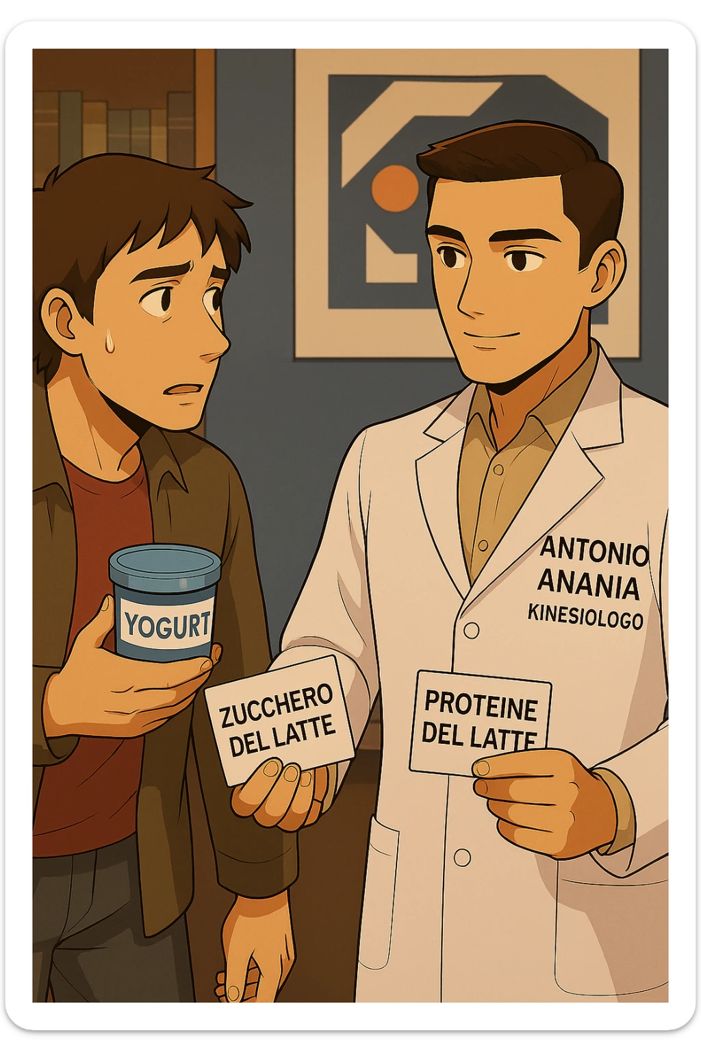 fai un webtoon manga a colori con questo stile, in cui un uomo ASCOLTA Il kinesiologo con il camice bianco (fagli anche la scritta "ANTONIO ANANIA" SUL CAMICE, IL KINESIOLOGO SPIEGA ALL'UOMO UNA COSA TENENDO DUE FOGLIETTINI IN MANO, UNO CON LA SCRITTA "ZUCCHERO DEL LATTE" E UNA CON LA SCRITTA "PROTEINE DEL LATTE". L'UOMO OSSERVA LO YOGURT CHE HA IN MANO CON ESPRESSIONE DUBBIOSA IN VOLTO. non fare i fumetti però, fai solo in modo che sembri stiano parlando sticker