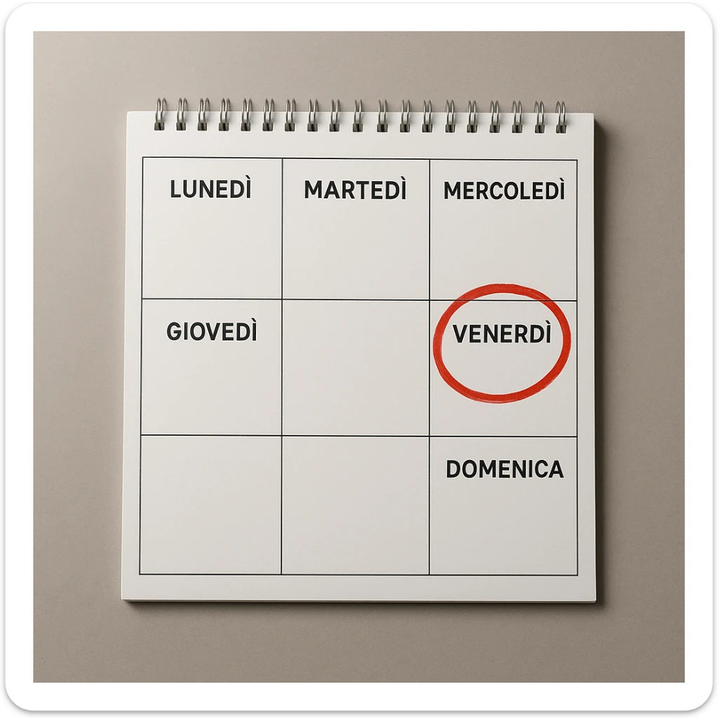 weekly calendar written in Italian, days from Monday to Sunday, Friday circled in red, top view, realistic style, 4K details, modern environment sticker