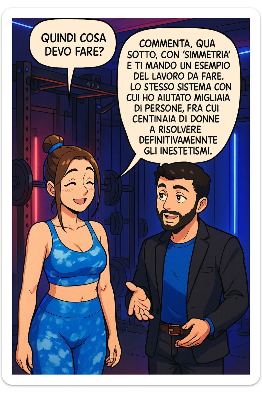 TRASFORMA QUESTO CAROSELLO IN UN FUMETTO STILE WEBTOON/MANGA A COLORI CON QUESTE DUE PERSONE IDENTICHE CHE INTERLOQUISCONO TRA LORO, LA DONNA SEMBRA SOLLEVATA/SODDISFATTA E CONTENTA:

LEI (DONNA): Quindi cosa devo fare?
LUI (UOMO): Commenta, qua sotto, con “simmetria” e ti mando un esempio del lavoro da fare. Lo stesso sistema con cui ho aiutato migliaia di persone, fra cui centinaia di donne a risolvere definitivamente gli inestetismi. sticker