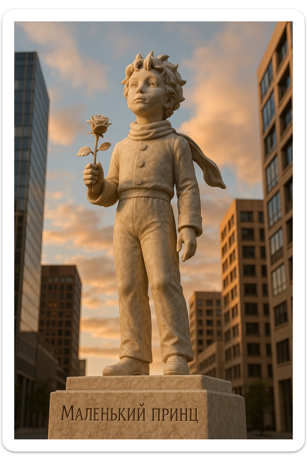 Full-length marble sculpture of the Little Prince holding a rose, set in a modern city. The pedestal is engraved with 'Маленький принц'. Ultra-realistic, sunset, view from below. sticker