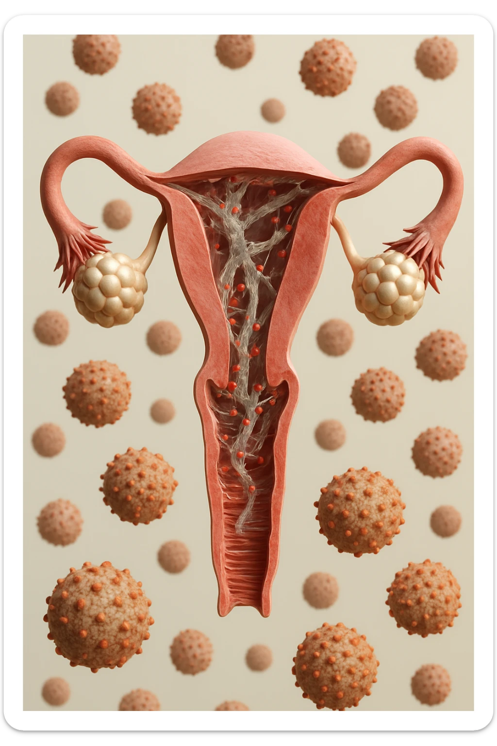 utero umano realistico con batteri della candida intorno, la foto si deve vedere per intero in formato verticale, sullo sfondo neutro chiaro ci sono batteri della candida, iperrealistico 4k sticker