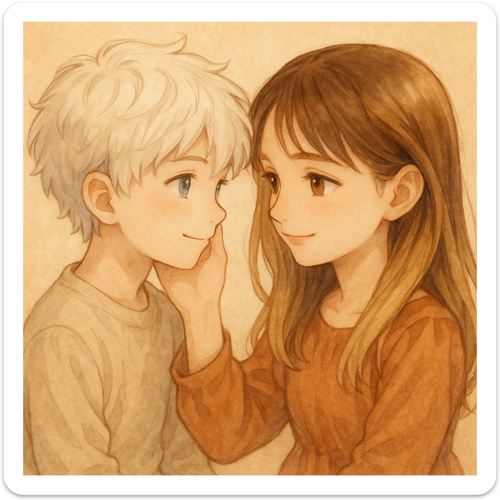 A white-haired, blue-eyed boy admiring a brunette-blonde girl with brown eyes, both with gentle expressions and a loving gaze. sticker