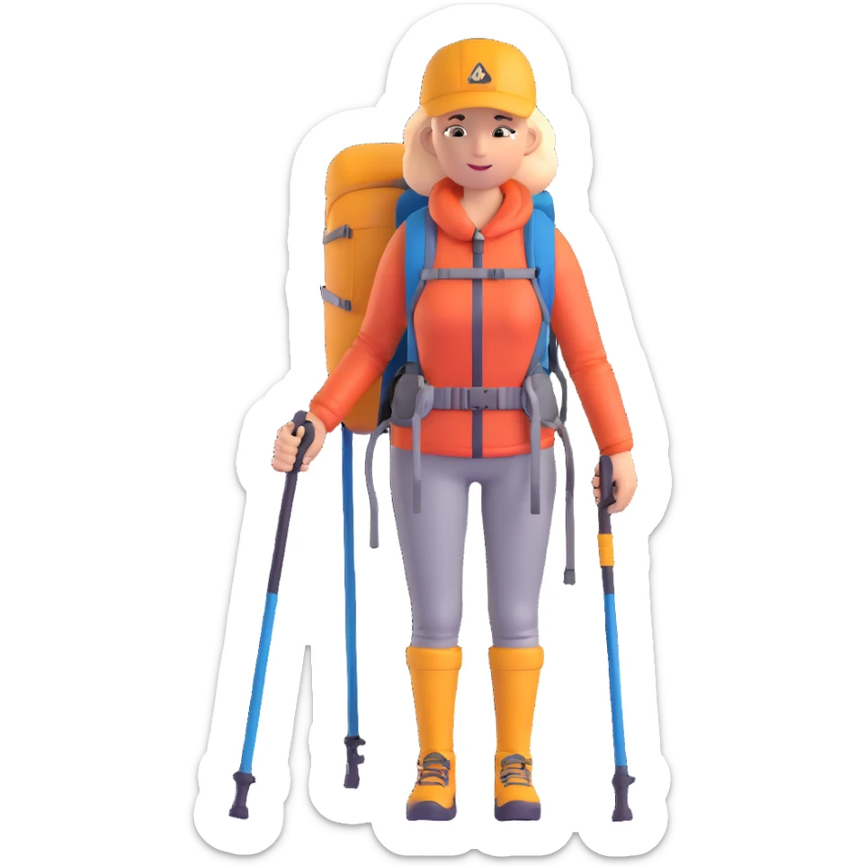 woman mountain climbing, female mountaineer with backpack and hiking poles sticker