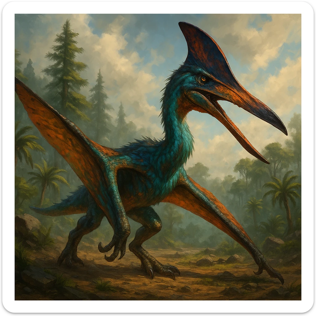 quetzalcoatlus dinosaur in the style of the Ark: Survival Evolved game, detailed, dynamic pose, vibrant colors, prehistoric atmosphere sticker