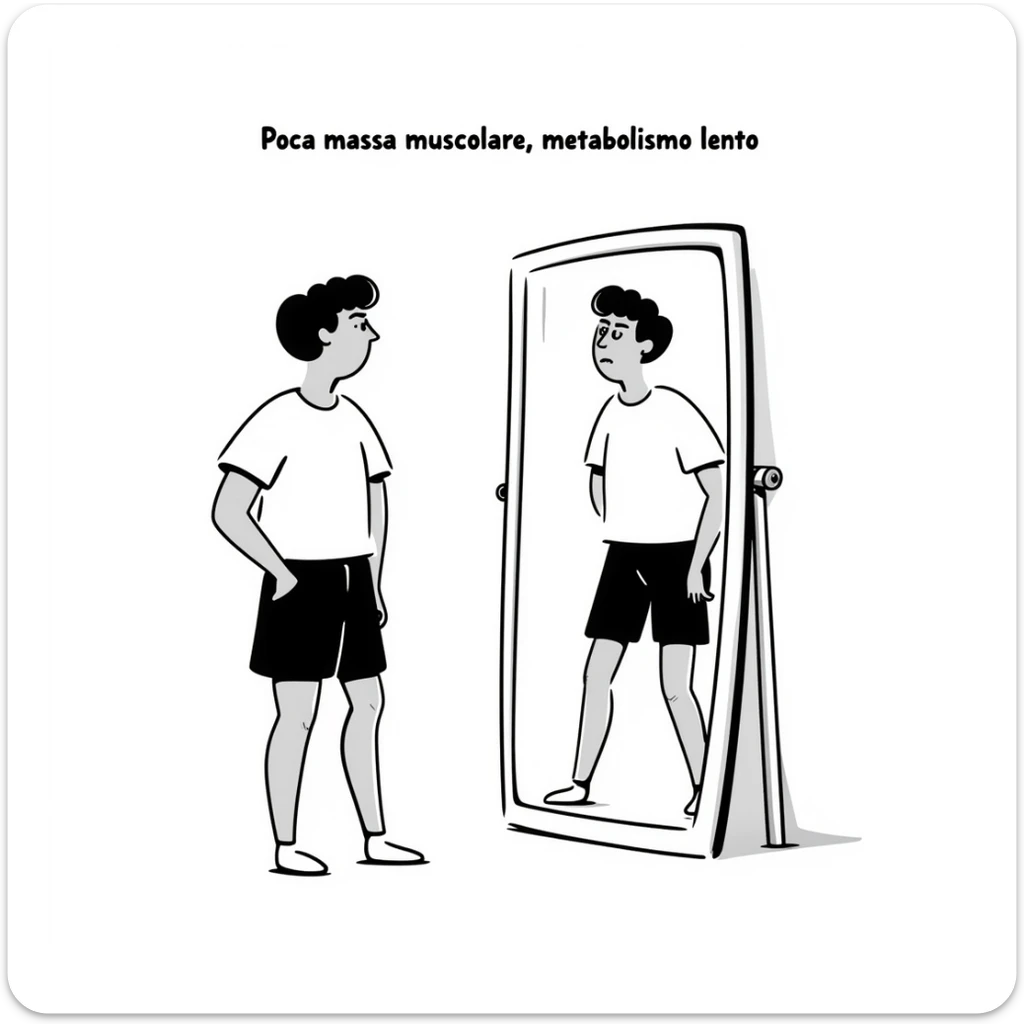 Uomo di 30 anni in abbigliamento sportivo davanti allo specchio, braccia e gambe sottili, poca massa muscolare, espressione preoccupata, testo in italiano: “Poca massa muscolare, metabolismo lento”. sticker