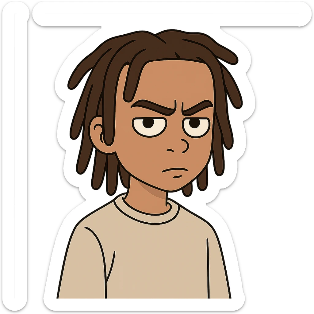 boy with light skin and dreads, serious face, modern illustration style sticker