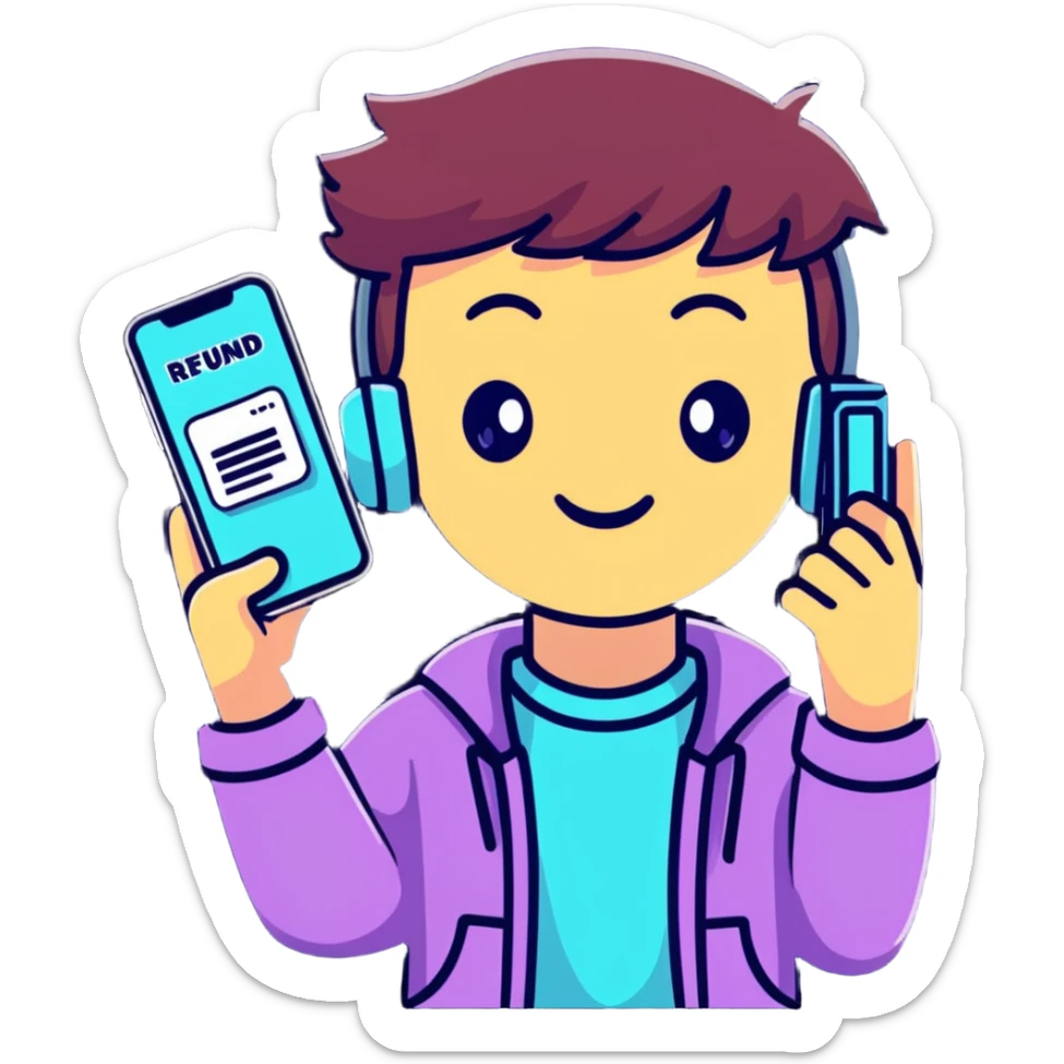 cheerful cartoon teenager holding a phone with 'Tax Refund!' notification, sparkling eyes, vibrant colors sticker