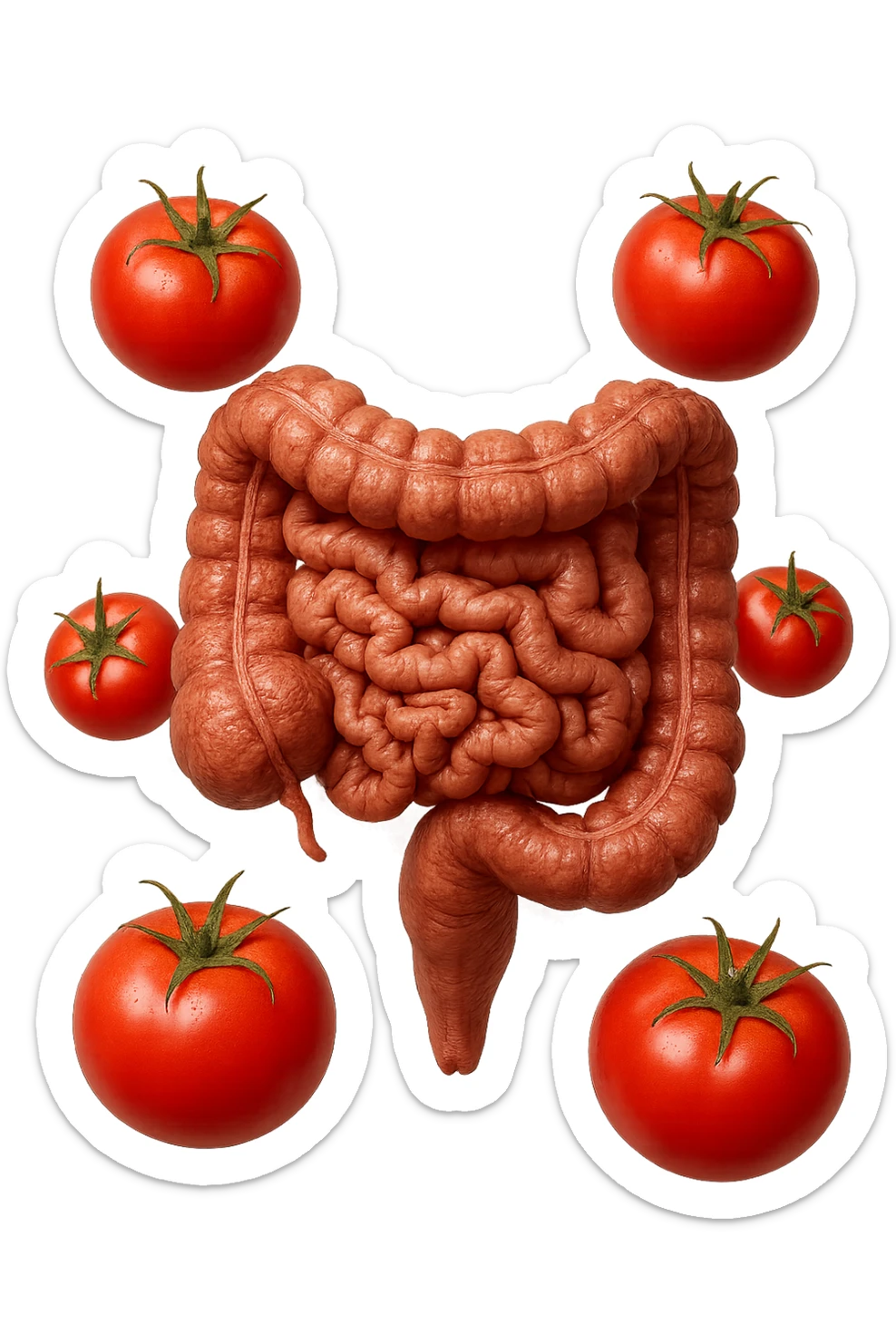 intestino umano anatomico con pomodori che gli fluttuano intorno, iperrealistico 4k sticker