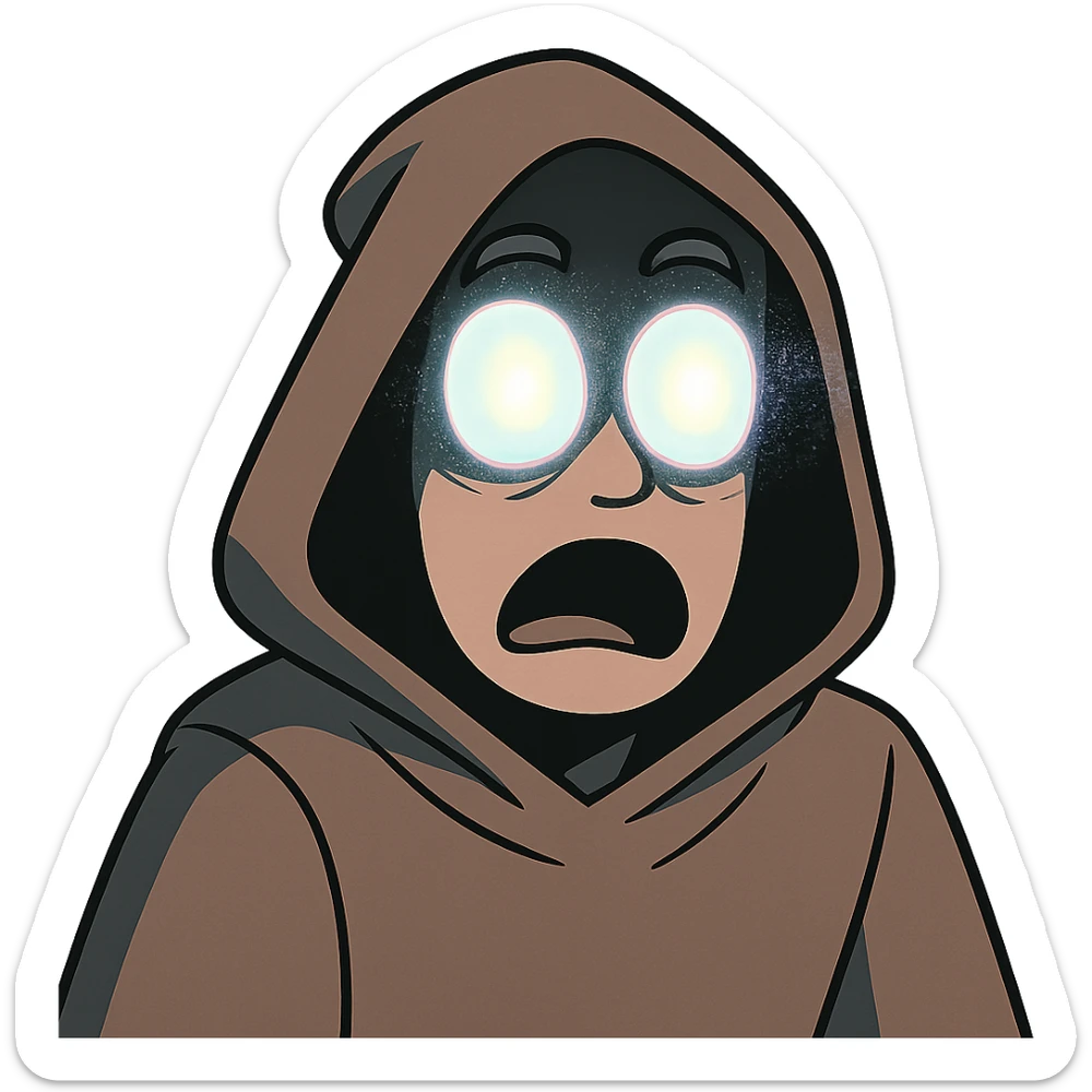A close-up of a mysterious hooded figure with wide, glowing eyes shining brightly from under the shadow of the hood. The expression looks shocked or amazed, with subtle glitch or aura effects around the eyes. sticker