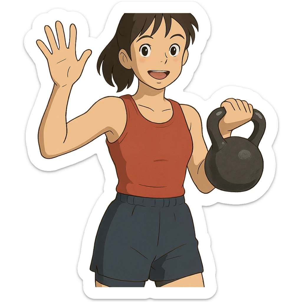 ghibli style sport girl with kettlebell in one hand and waving hello with the other sticker