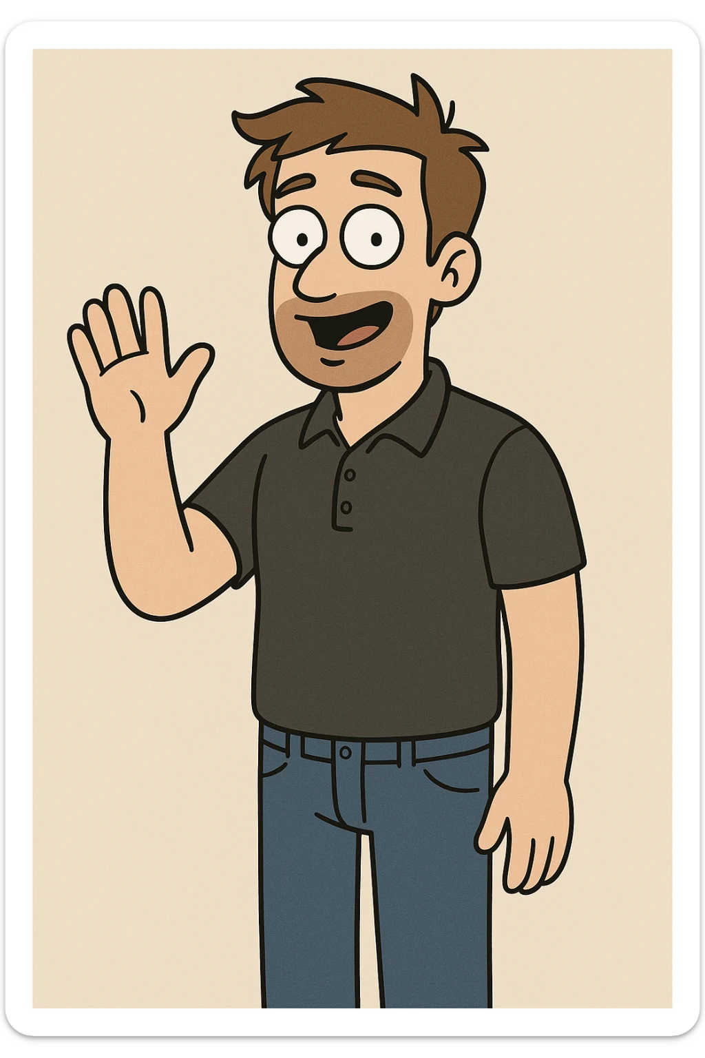 A man and light brown hair Dark Grey Pique Polo Shirt blue jeans hand to say hello sticker